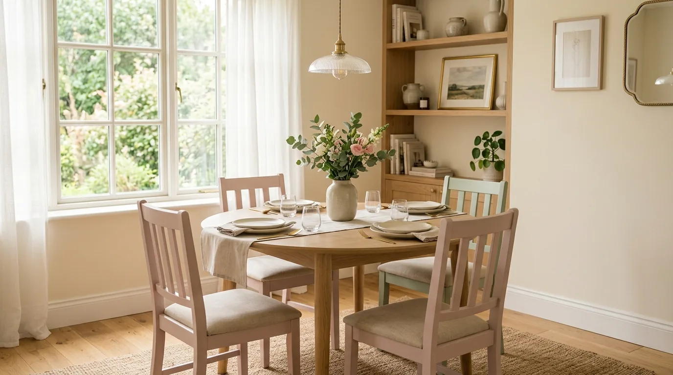 Pastel kitchen with soft blue cabinets and white counters