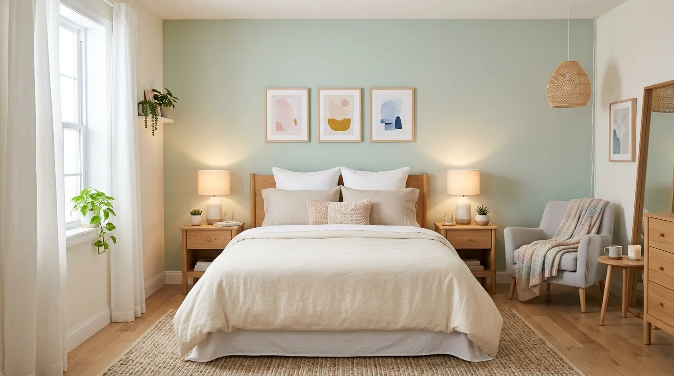 Entry hall with muted peach art and slim console