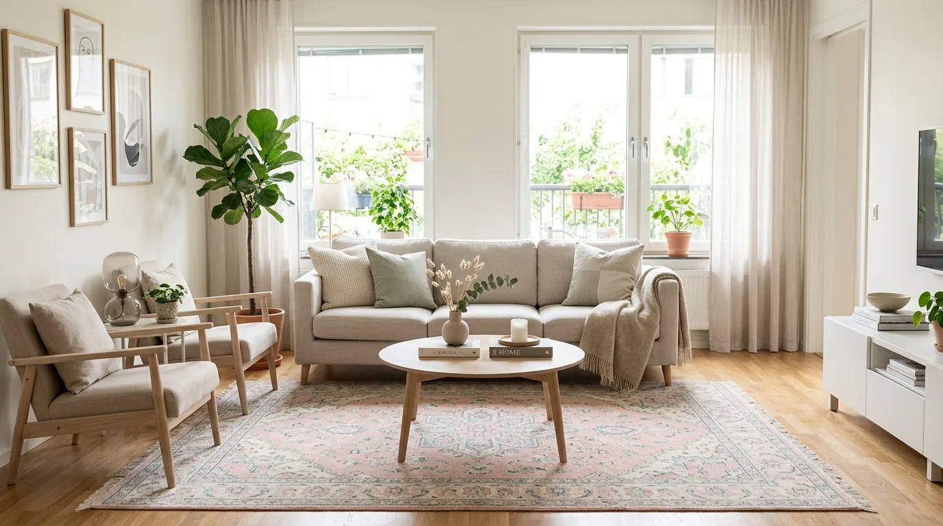 Cinematic interior with layered pastel hues