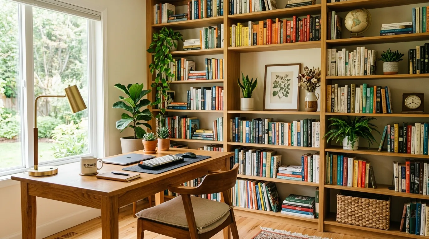 Home study with warm task lamp and cork board above desk