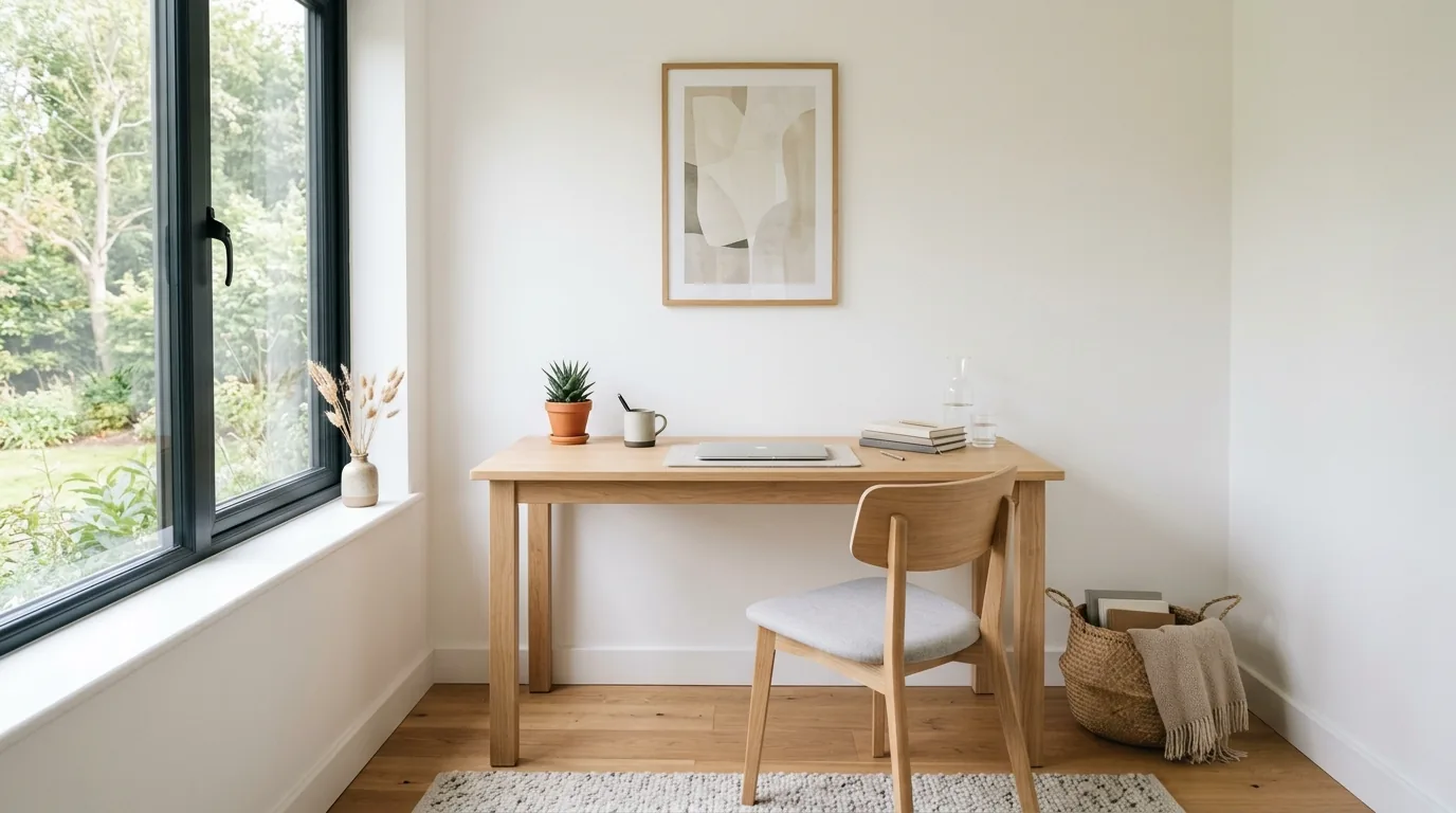 Minimal study room with one-tone shelves and clear desktop