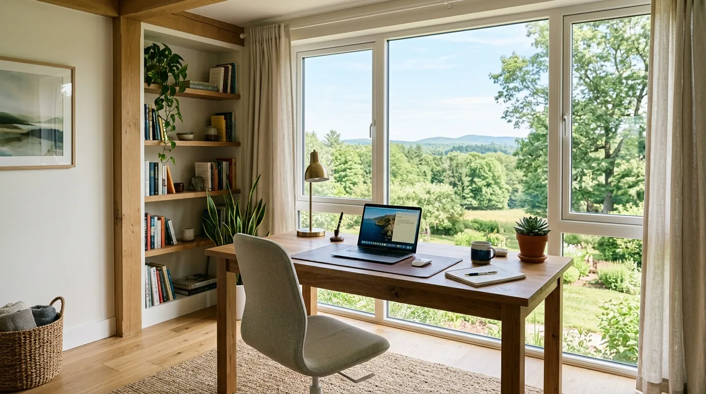 Small study nook with floating desk and slim shelving