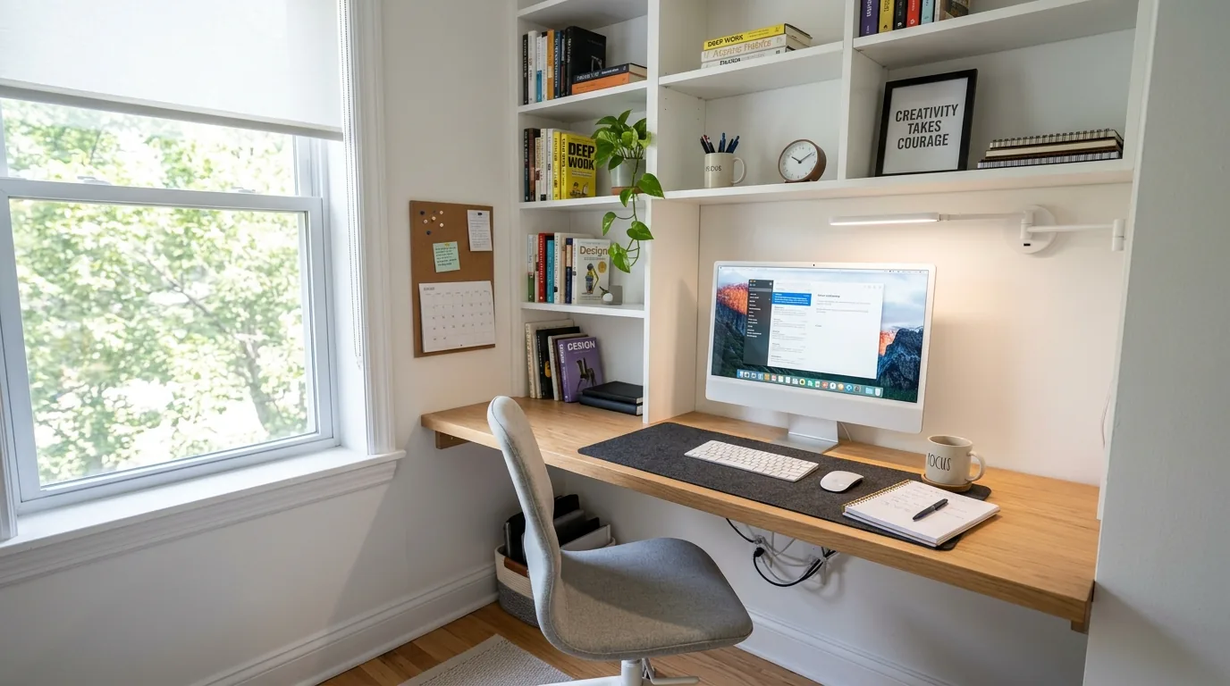 Study room with framed inspiration prints and muted palette