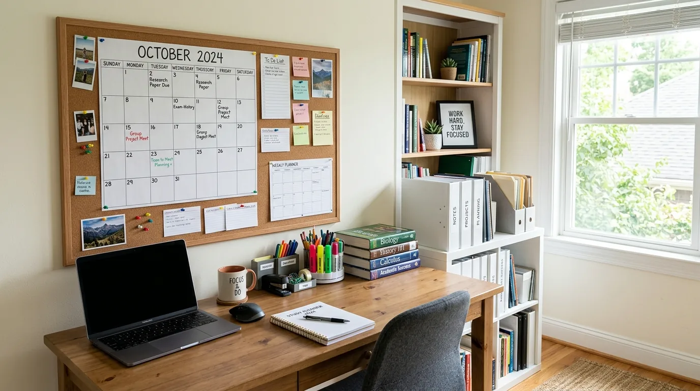 Book-lined workspace with layered lighting and tidy cable management