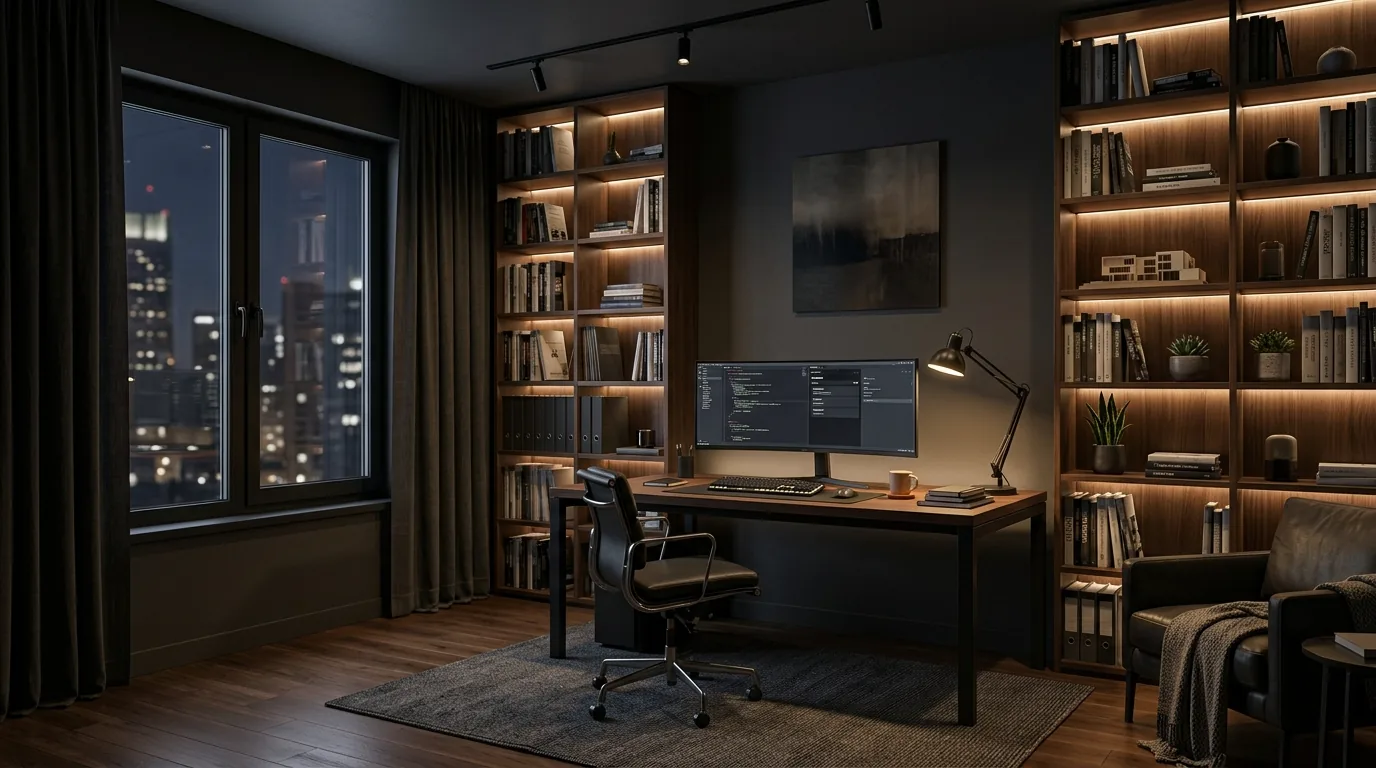 Scandinavian study space with pale wood desk and paper lamp