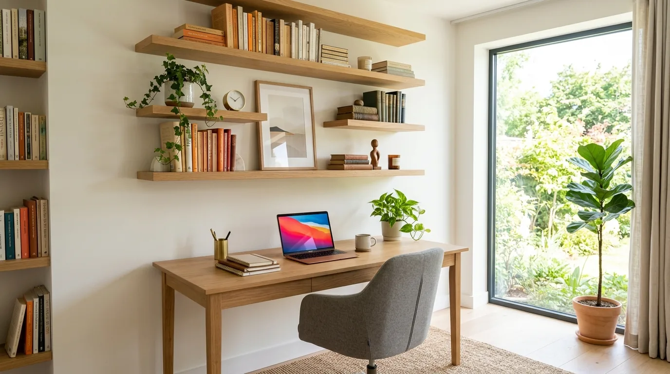 Exam-season study room with planner wall and open reference shelf