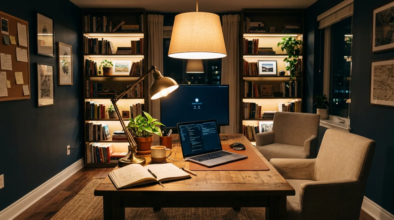 Cinematic study room with layered lighting