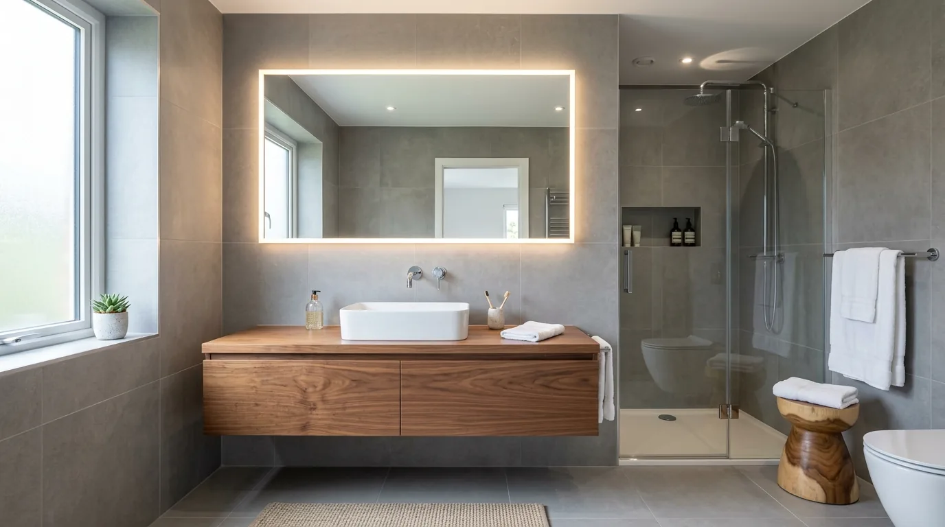 Double vanity in soft gray with brass hardware