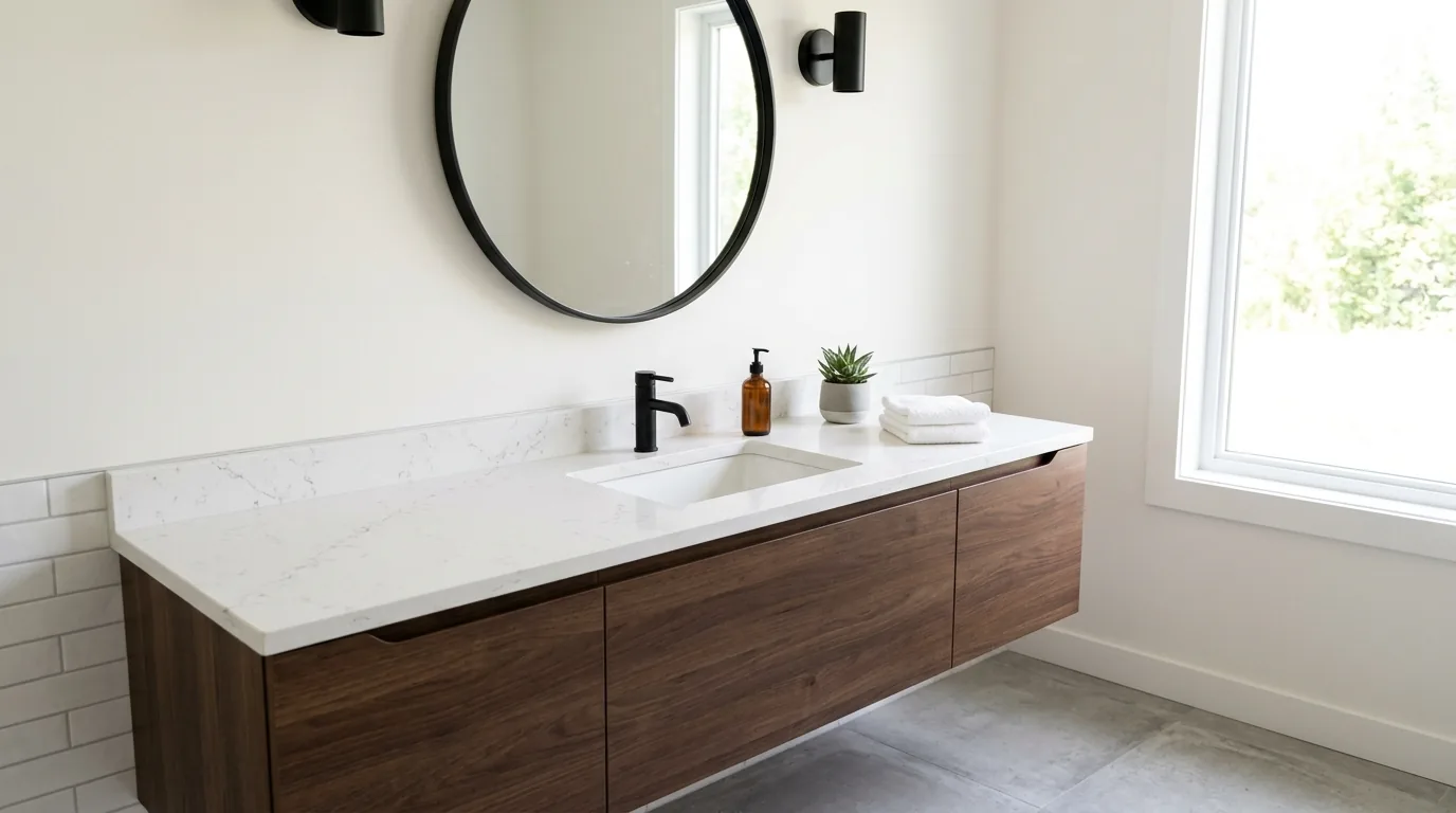 Powder room with furniture-style vanity and marble-look counter