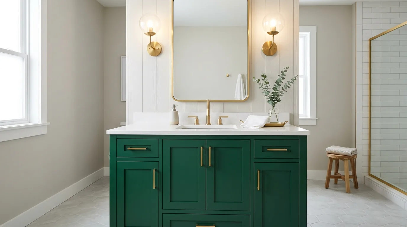 Farmhouse bathroom with wood vanity and framed mirrors