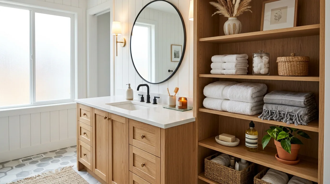 Luxury vanity with fluted fronts and layered sconces