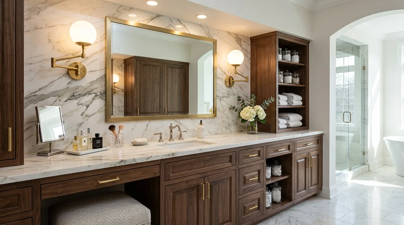 Small bathroom vanity with smart drawer inserts and tall mirror