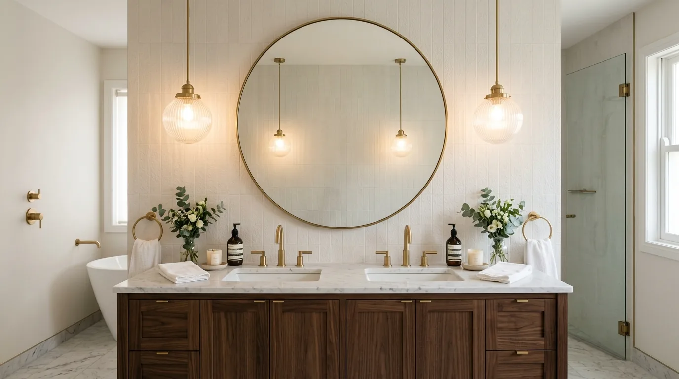 Black vanity with warm wood tones and plaster walls