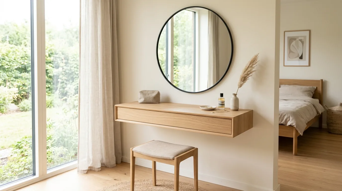 Wall-to-wall vanity with underlighting and seamless storage