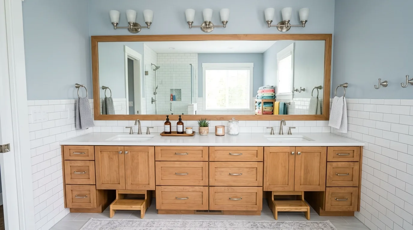 Arched mirror vanity setup with warm brass fixtures