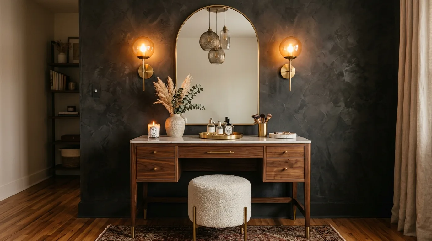 Spa bathroom vanity with stone vessel sink and muted palette