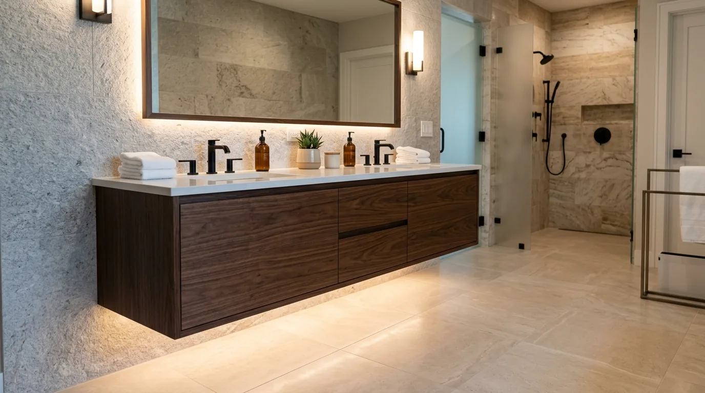 Cinematic bathroom vanity scene with tailored storage