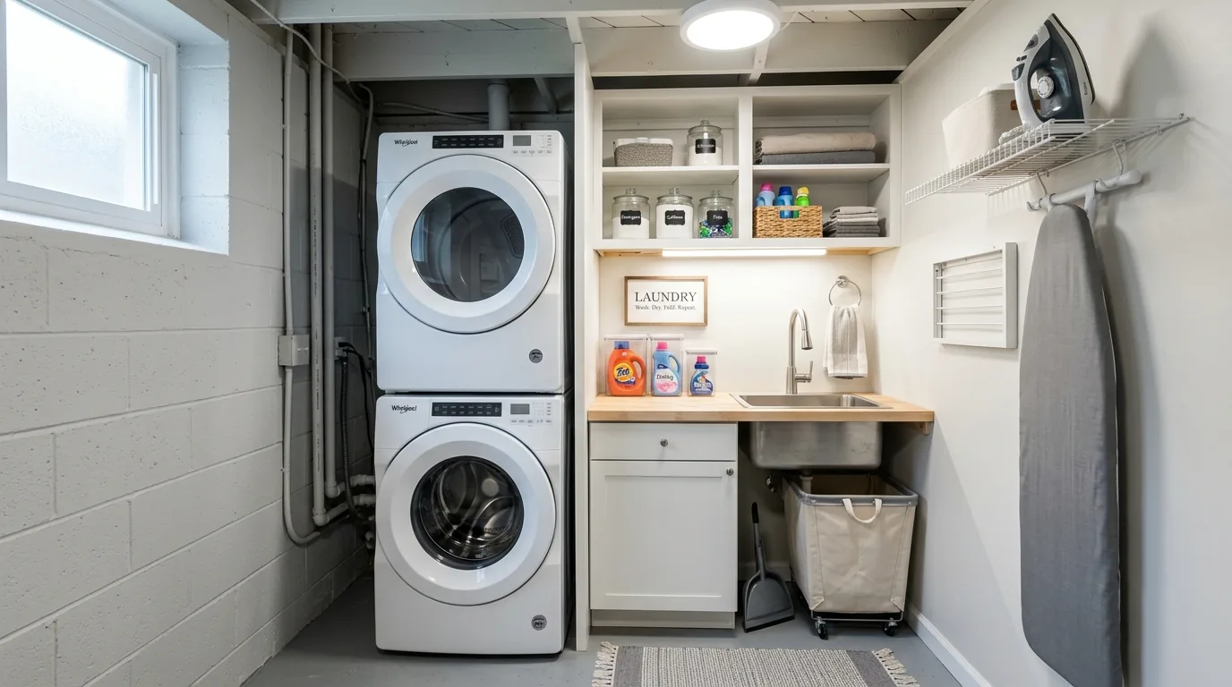 Stacked washer dryer beside tall utility storage