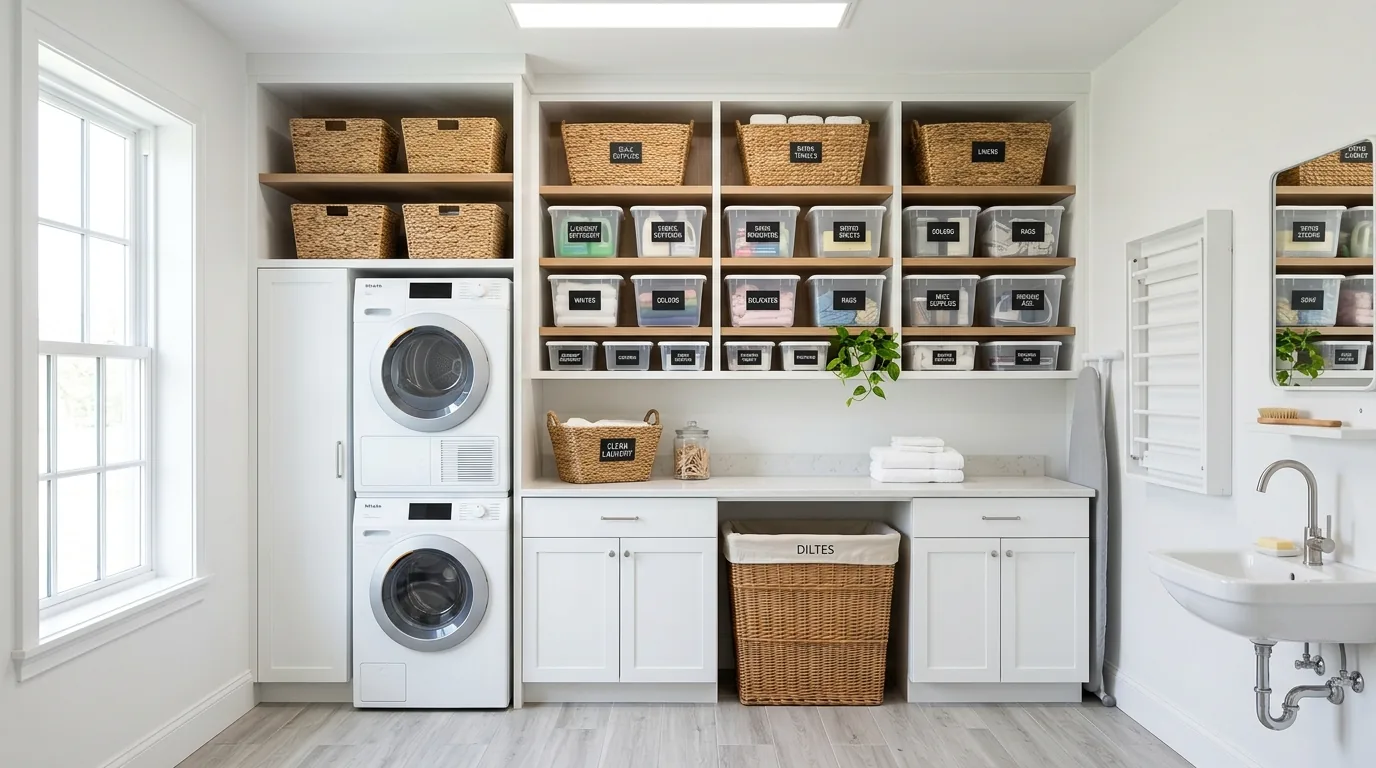 Laundry room with utility sink and peg rail above for tools