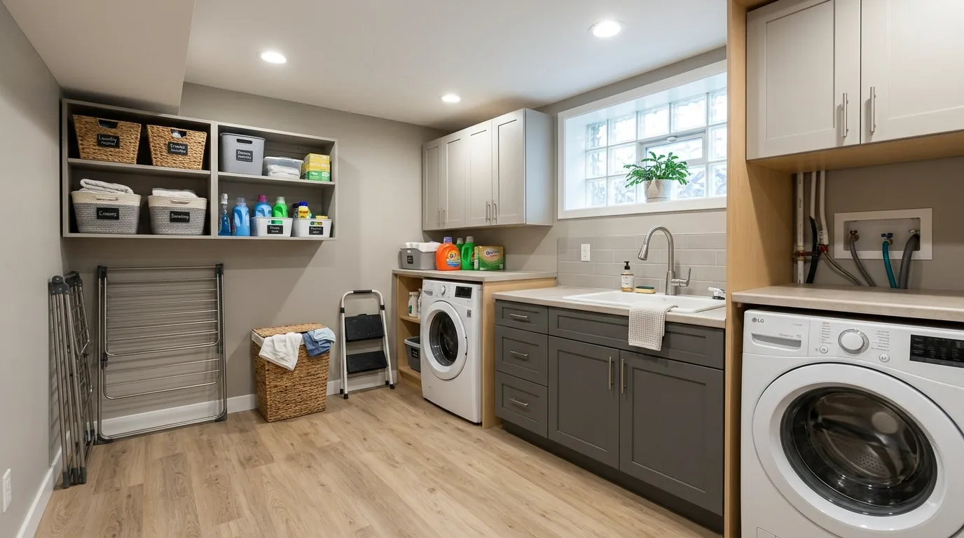 Warm greige basement laundry with open shelving and woven baskets