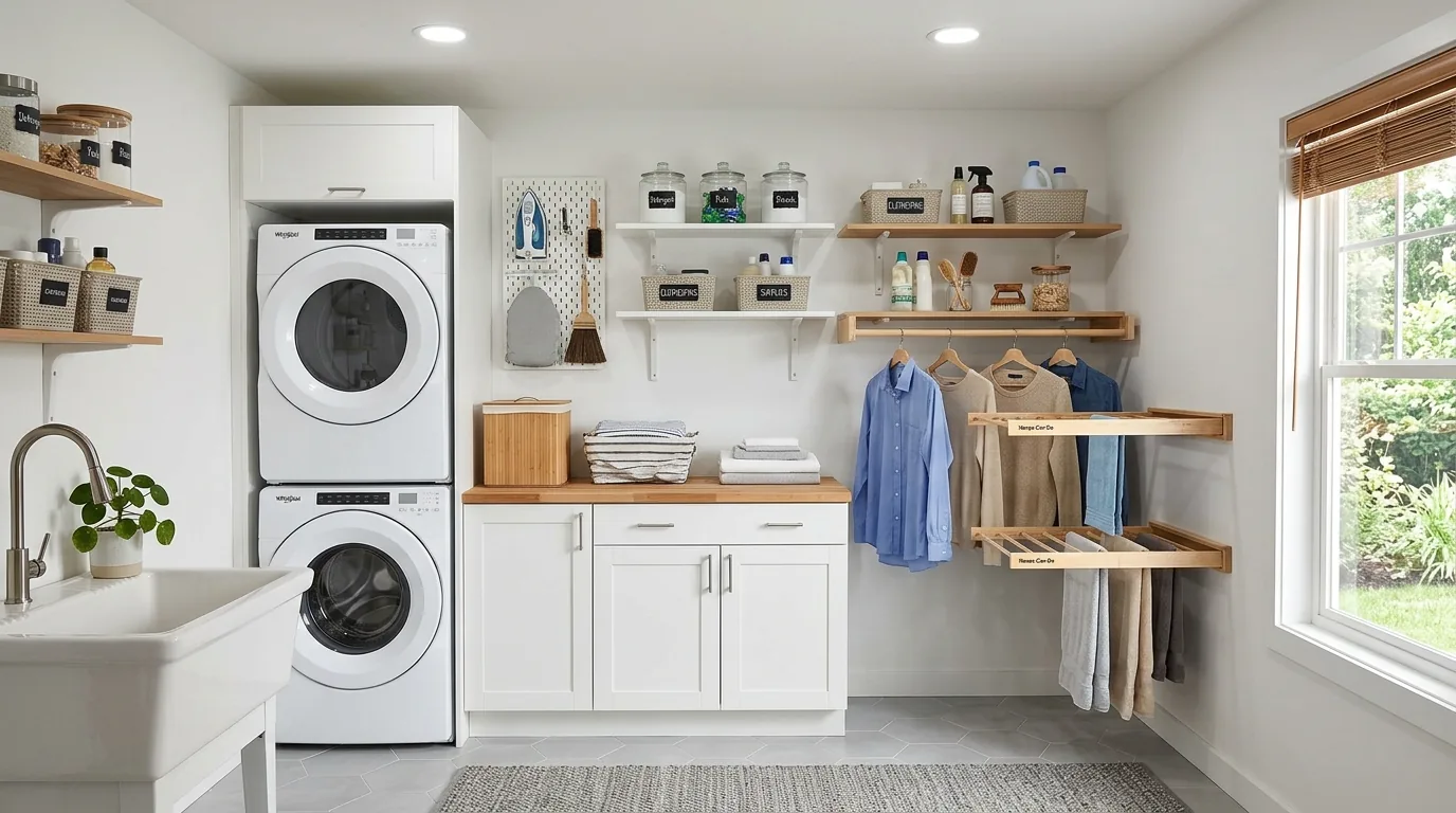 Family basement laundry with labeled bins and sorting hampers