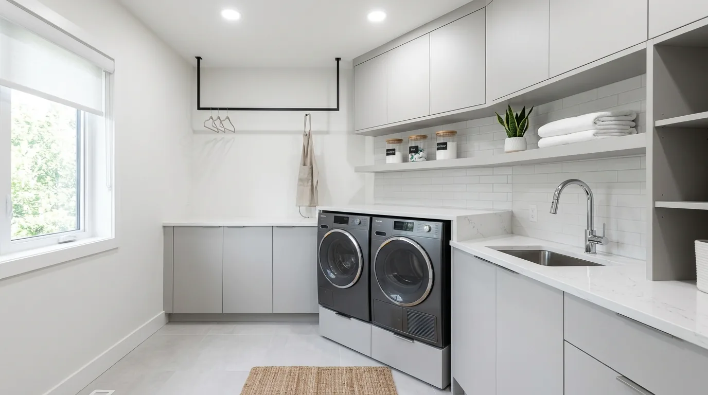Industrial laundry room with concrete-look floor and black hardware