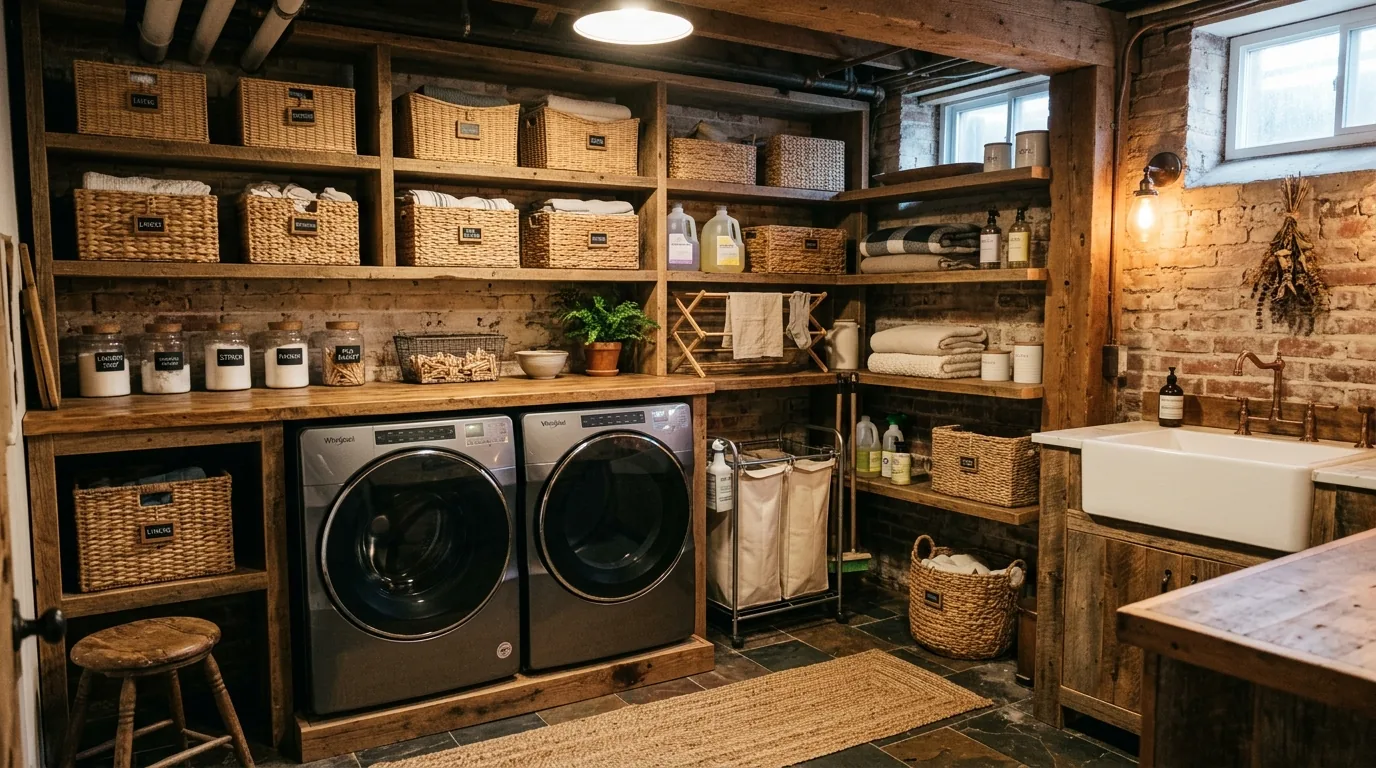 Small basement utility room with wall-mounted drying rack and under-counter storage