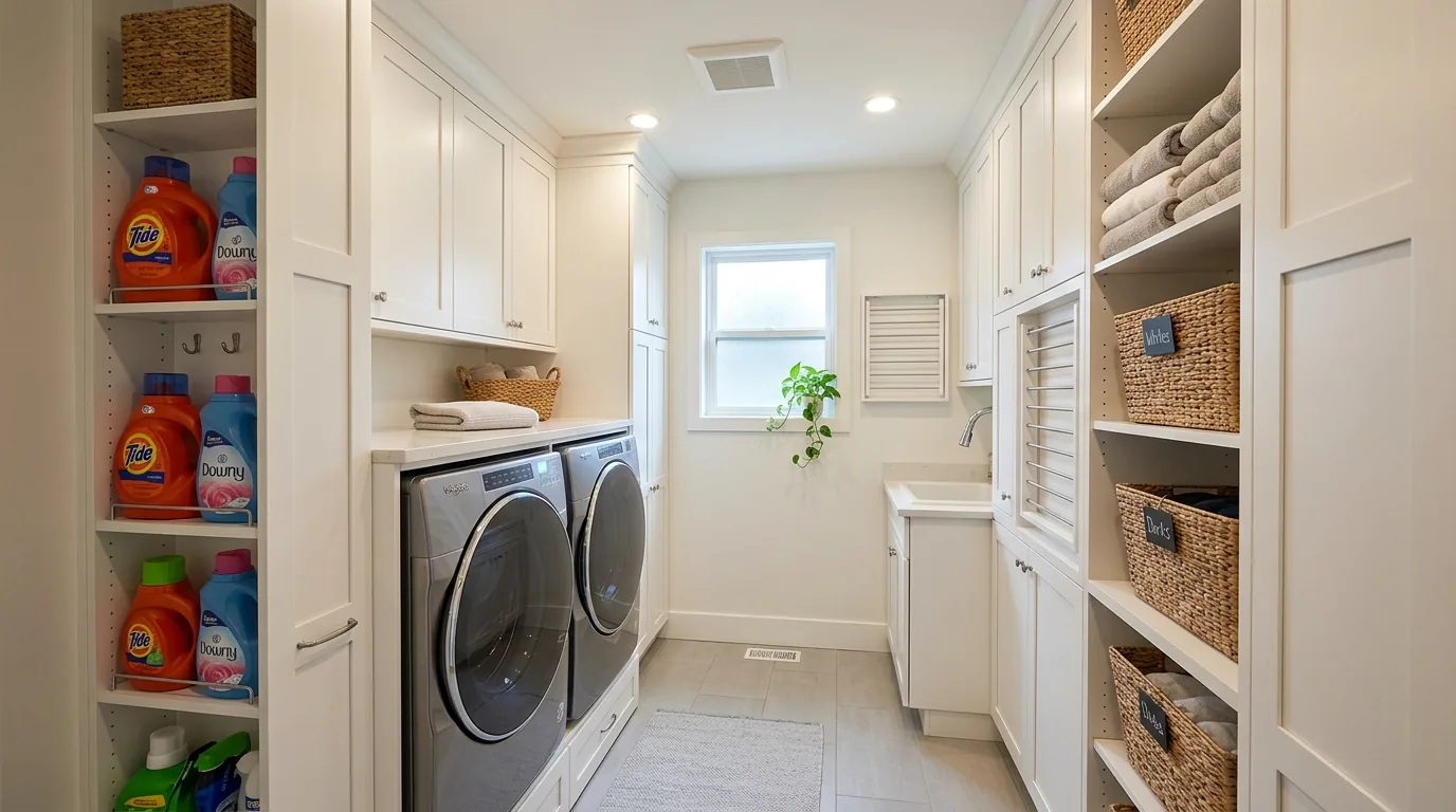 Luxury laundry space with slab cabinetry and integrated lighting