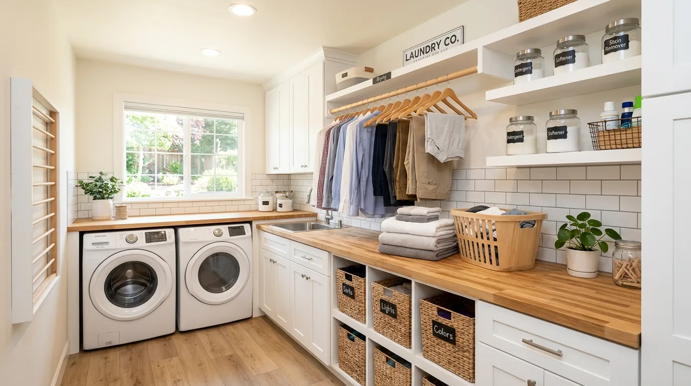 Farmhouse-style basement laundry with shiplap wall and wood shelf