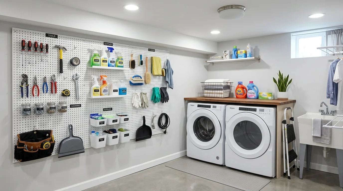 Mudroom-laundry combo in basement with bench and coat hooks