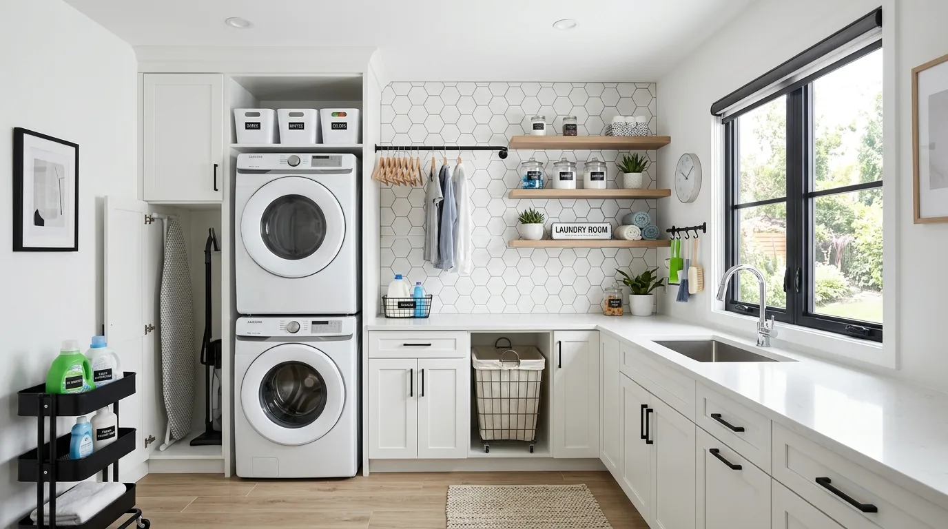 Cinematic basement laundry room with bright lighting