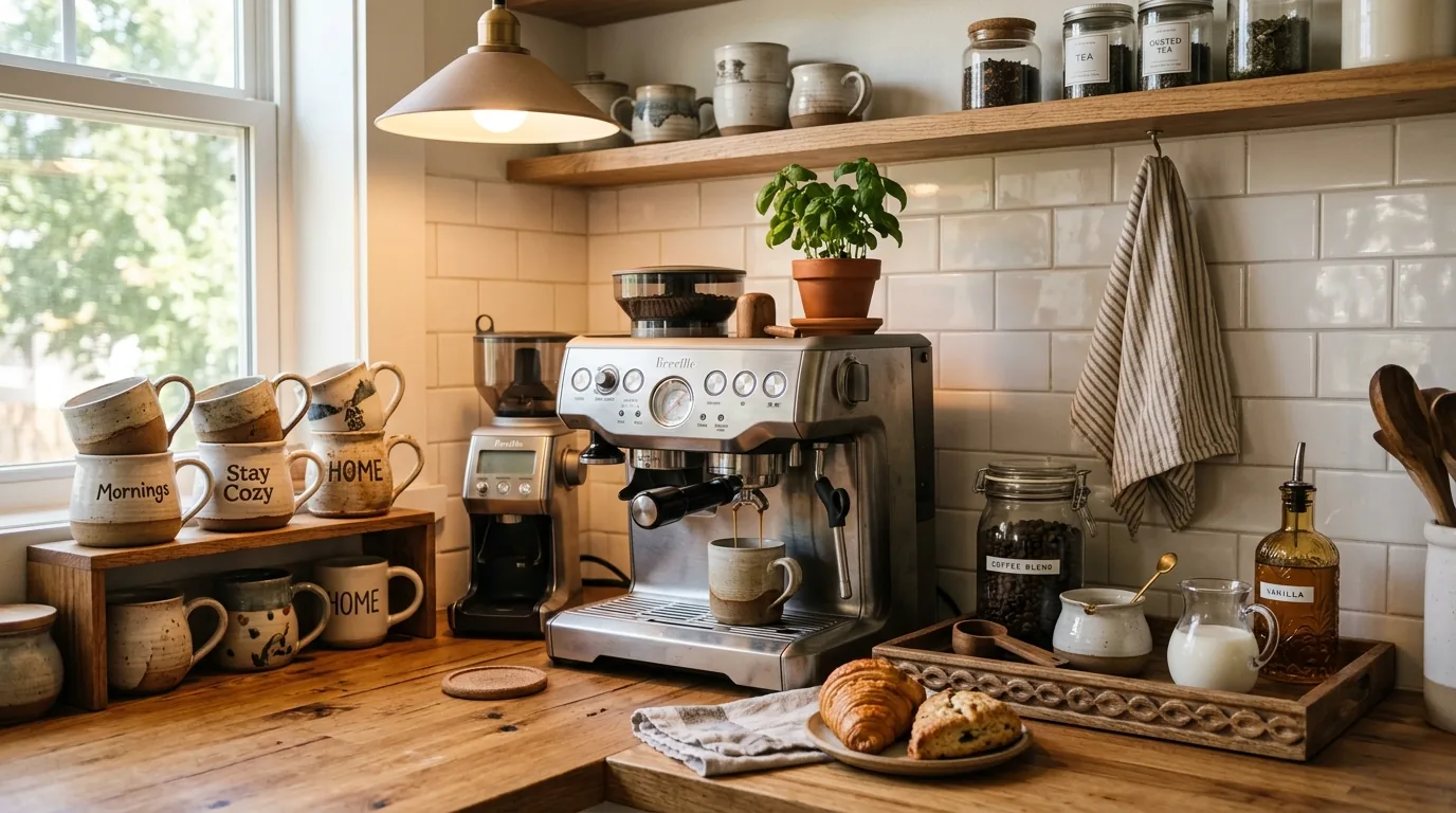 Corner coffee station with mugs