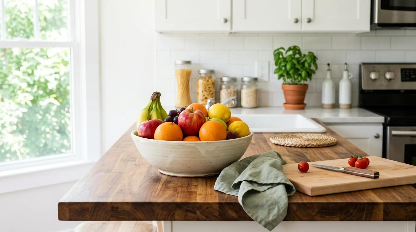 Minimal kitchen with one large cutting board and ceramic bowl of lemons