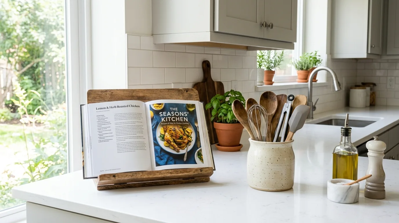 Farmhouse counter with crock of utensils and layered wood accents