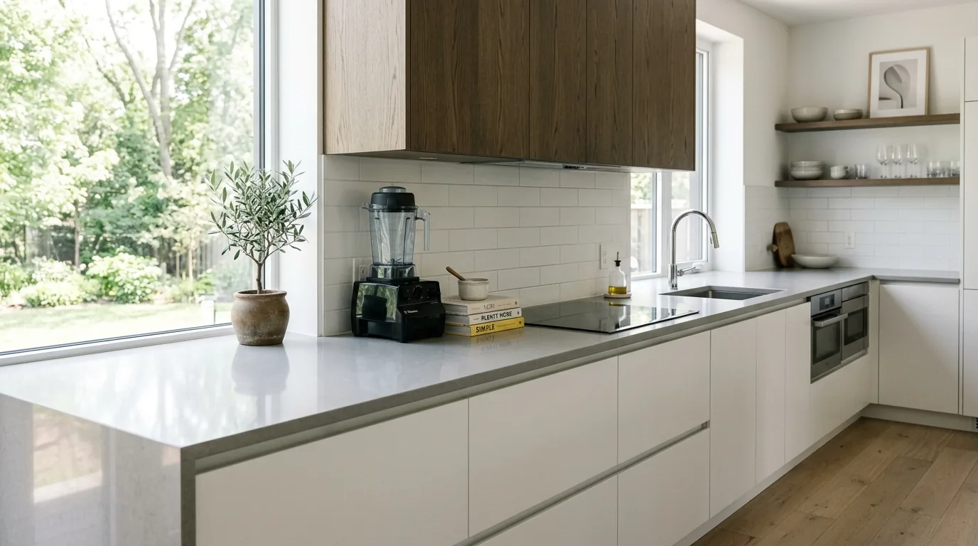Small kitchen counter with vertical cookbook stand and potted herb