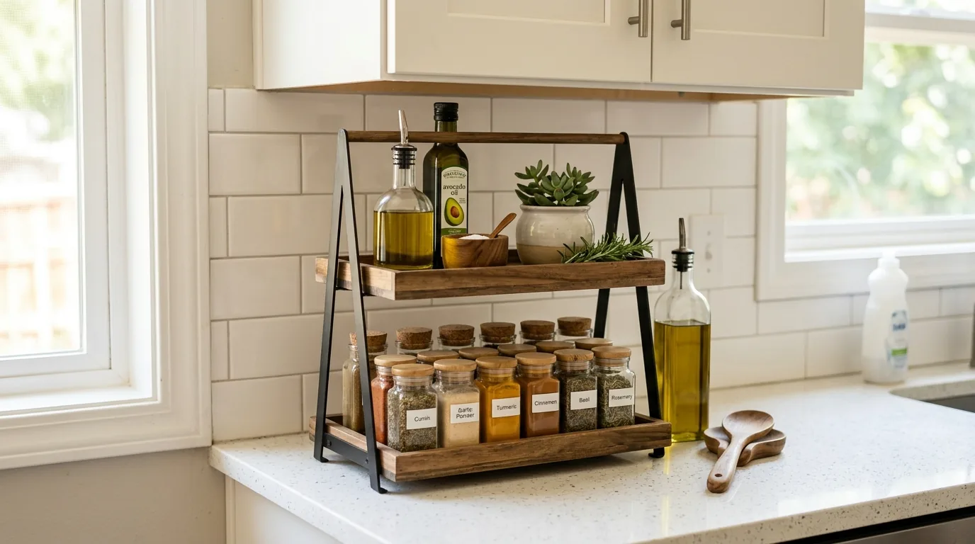 Coastal kitchen with pale woven tray and shell-toned ceramics