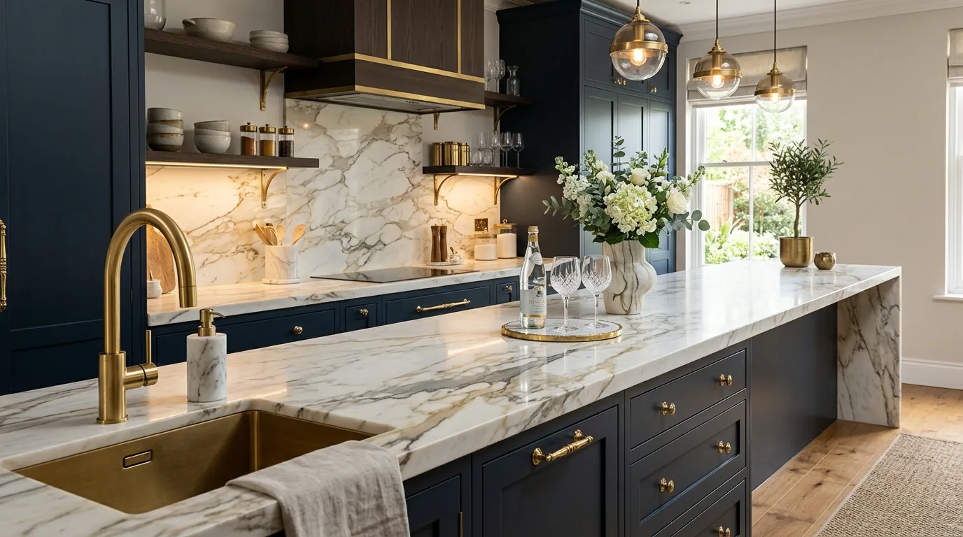 Apartment kitchen with lamp on far counter and tucked storage jar set