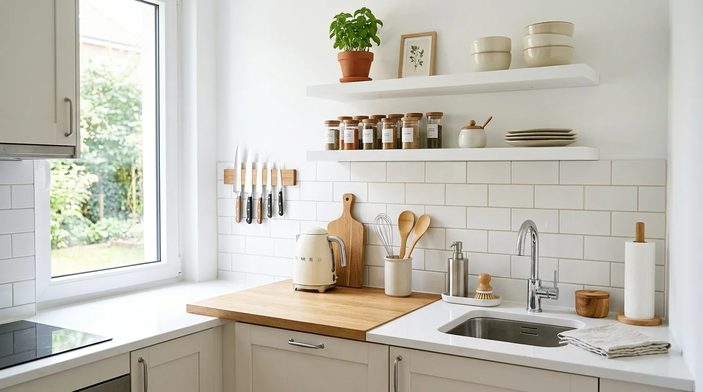 Black counter with brass canisters and framed mini print