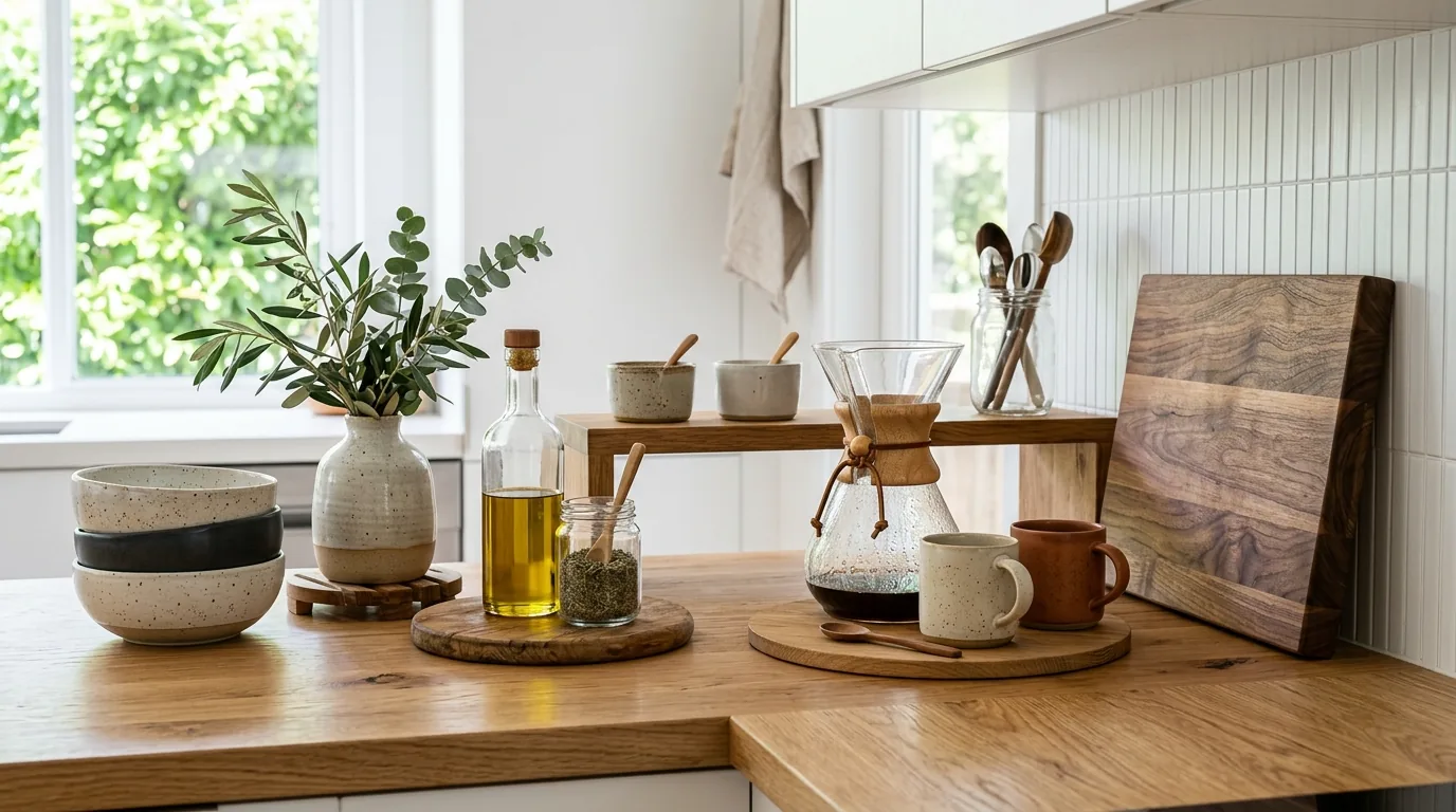 Cinematic kitchen counter scene with grouped decor
