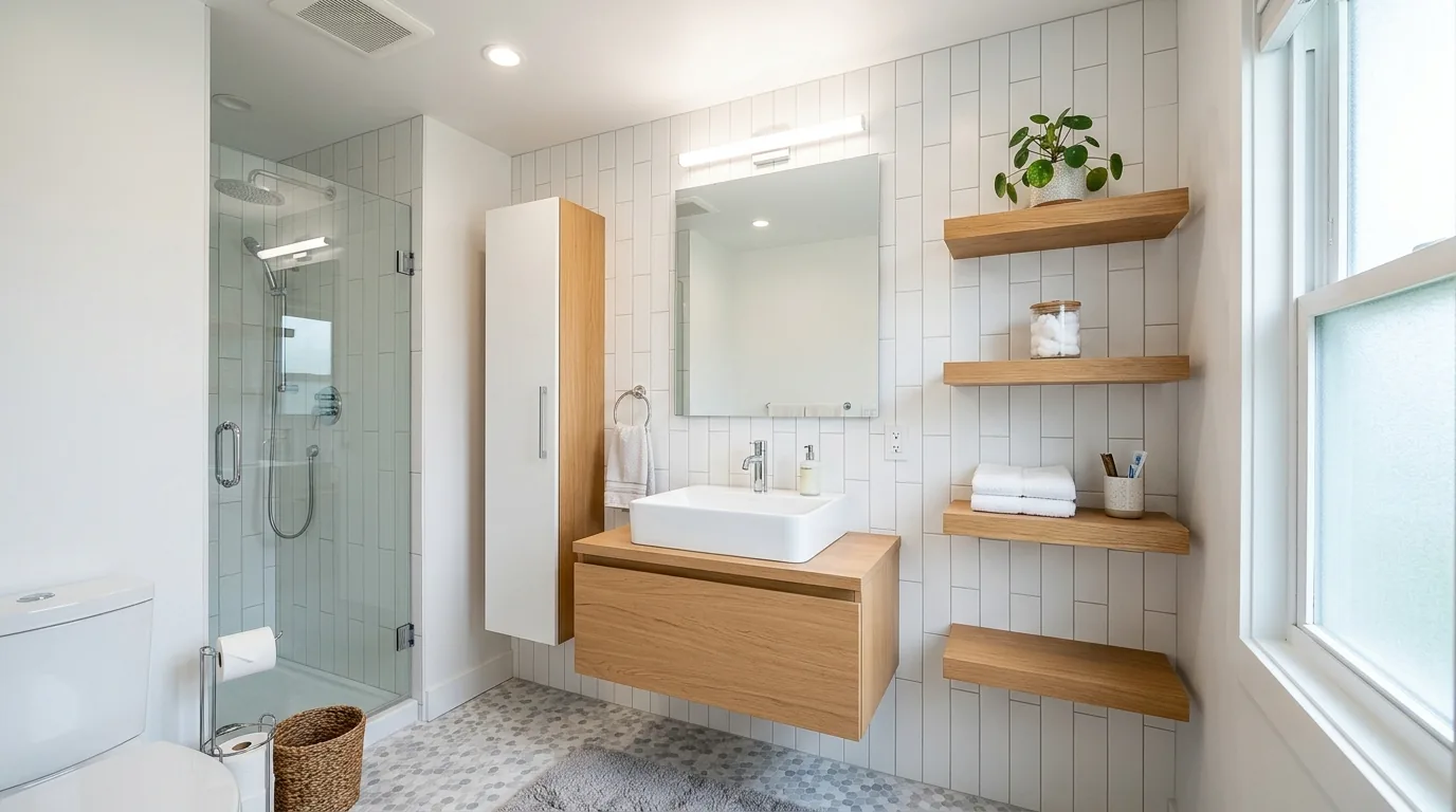 Bathroom with recessed storage and over-door hooks