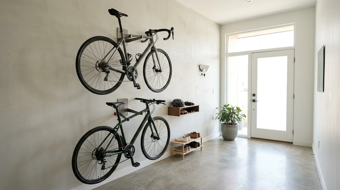 Small entry with one-bike wall mount and slim bench below
