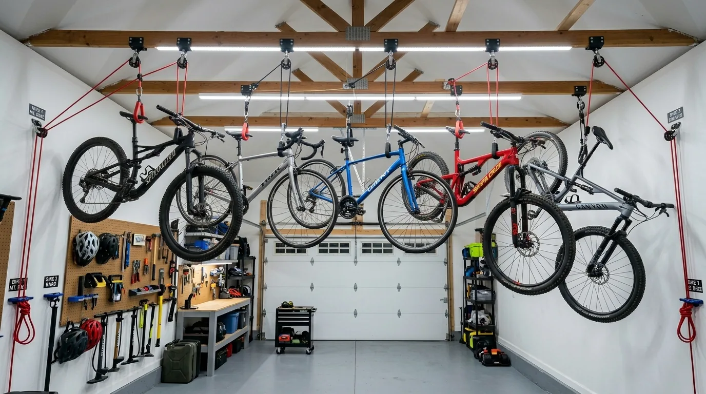 Family garage with horizontal rail system for multiple bikes