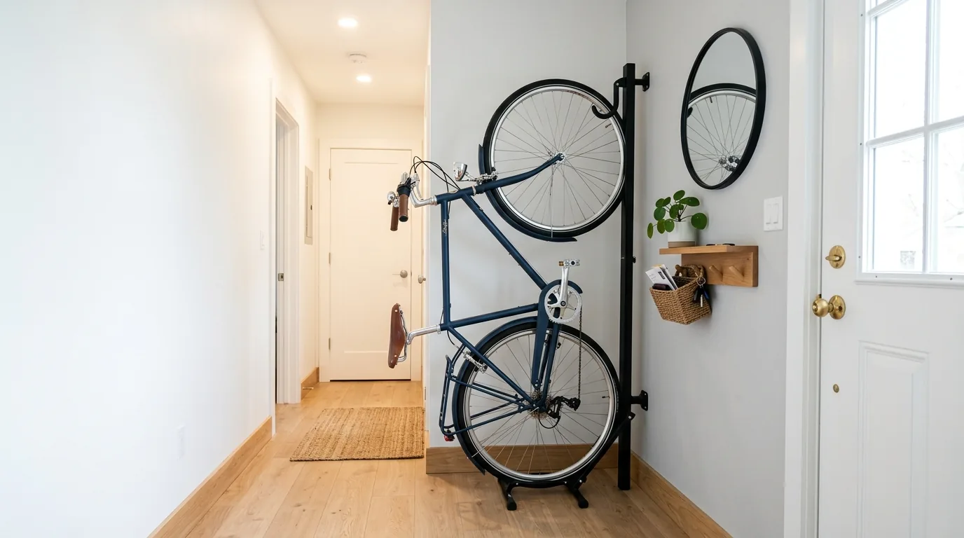 Ceiling pulley bike lift in narrow garage bay