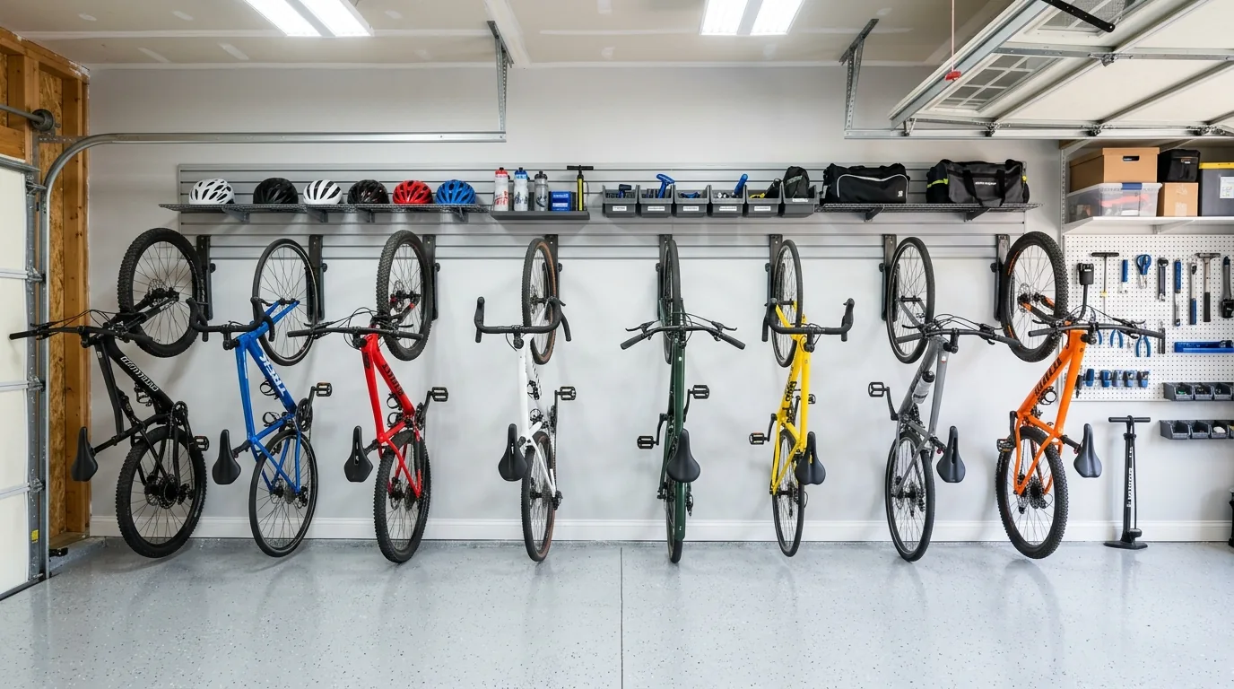 Mudroom-adjacent bike nook with helmet hooks and basket storage