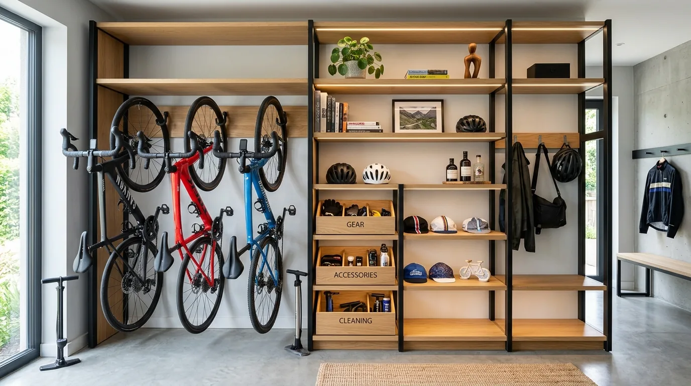 Minimal apartment hallway with design-forward wall-mounted bike display
