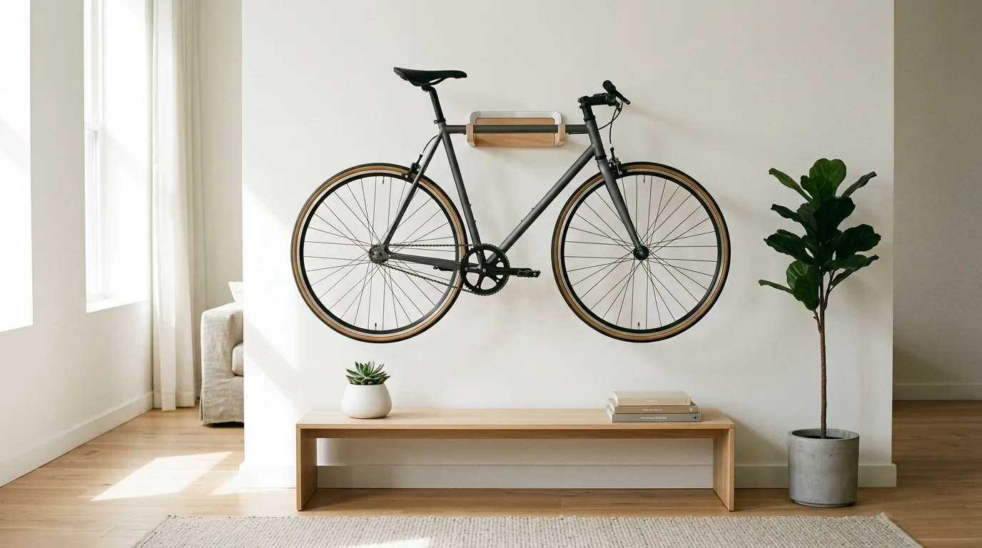 Garage corner with freestanding bike stand and repair tools nearby
