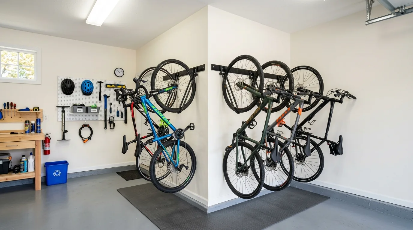 Shed or garage with labeled family parking positions for bikes