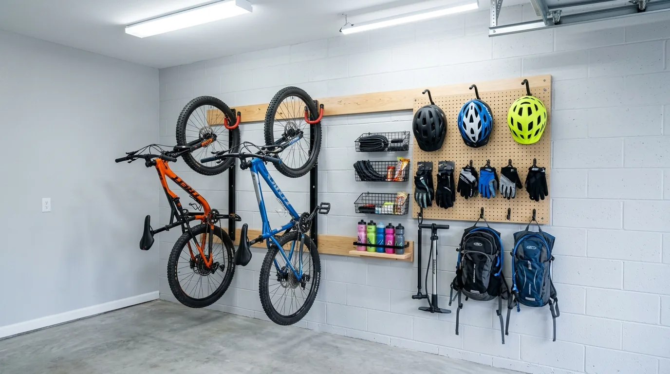 Kids bike zone with lower hooks and bins for pads