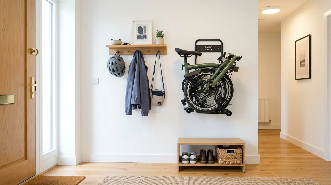 Luxury garage with integrated bike wall and concealed storage cabinetry