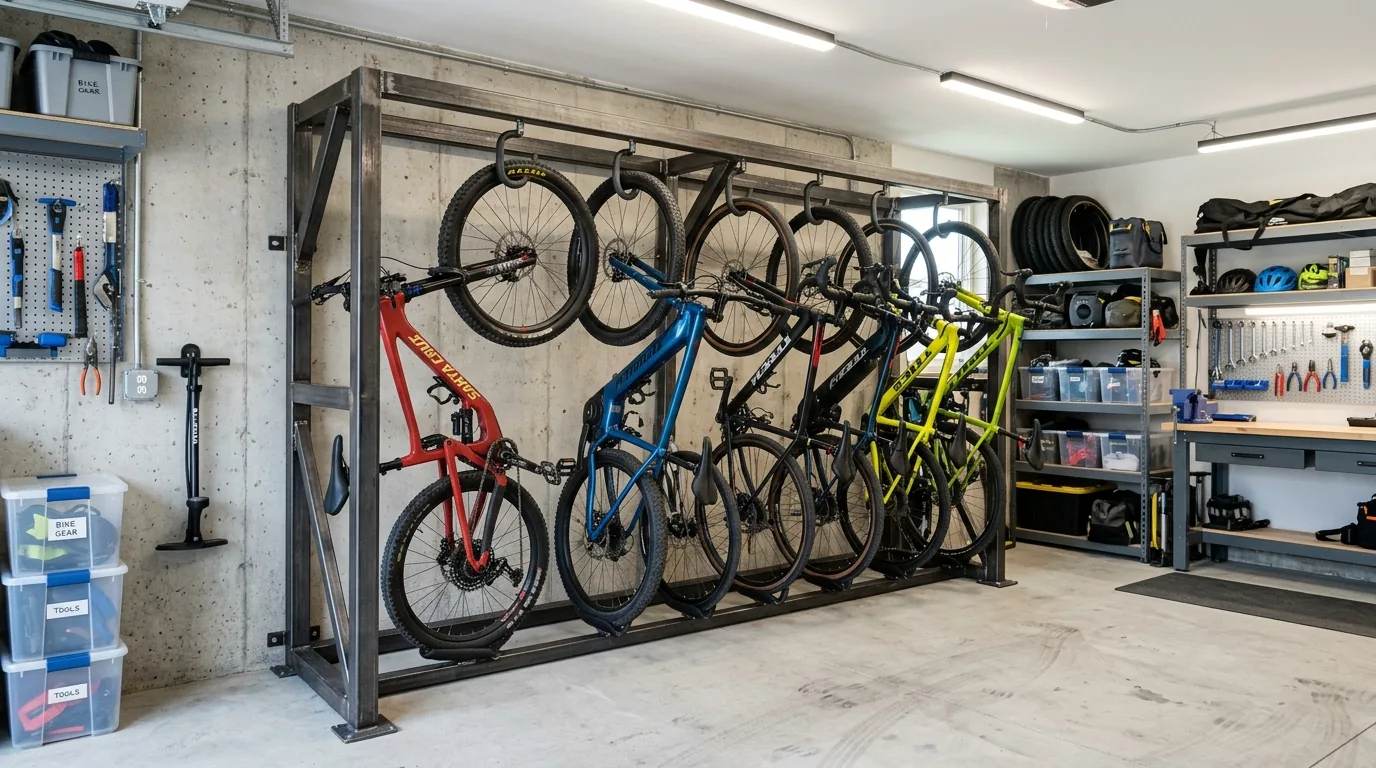 Cinematic organized garage or entry with smart bike storage